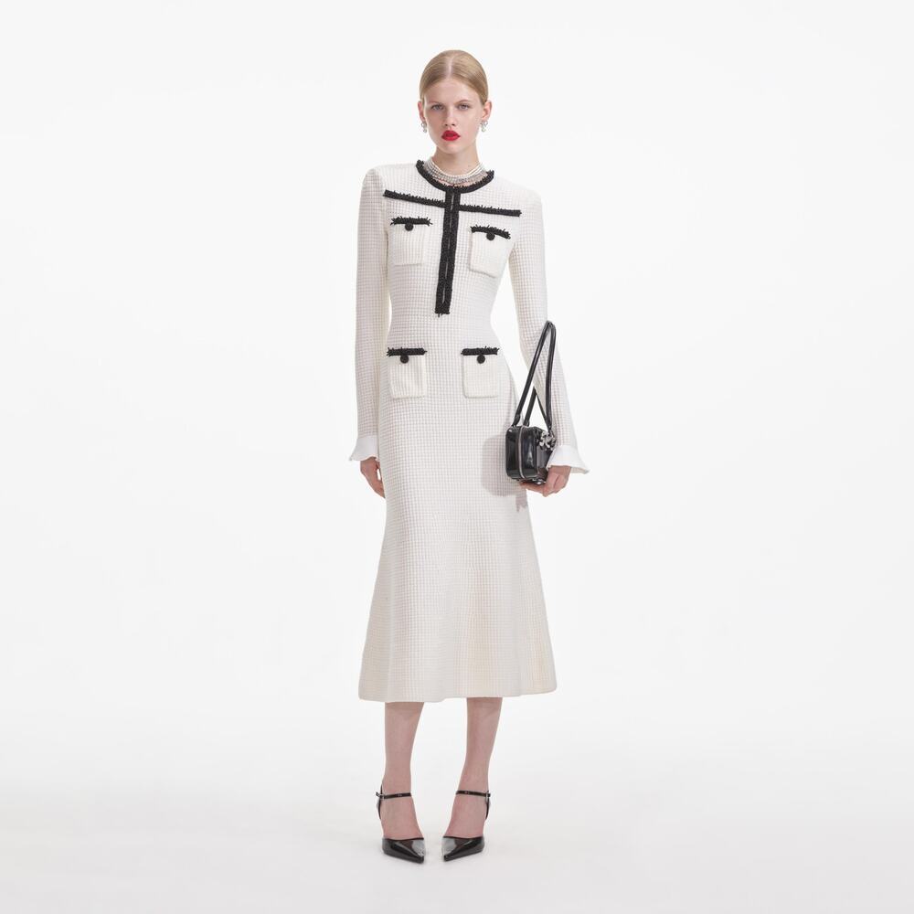 SELF-PORTRAIT White Knit Contrast Trim Midi Dress Size L NWOT